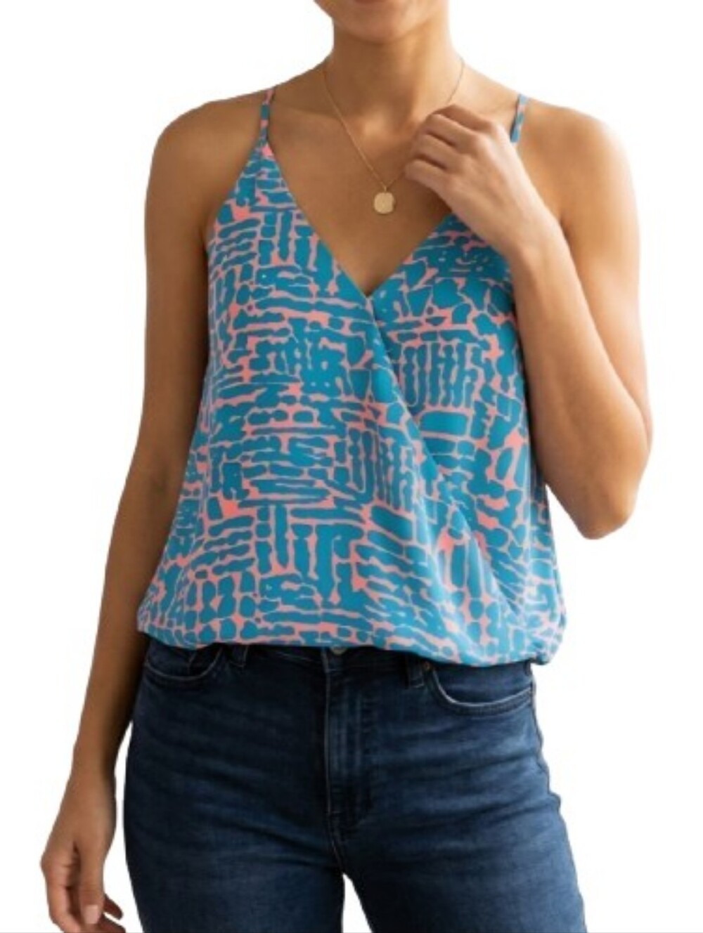 Buddy Love Multicolor Cami Blouse Neon Bright Pink Blue Print Wrap